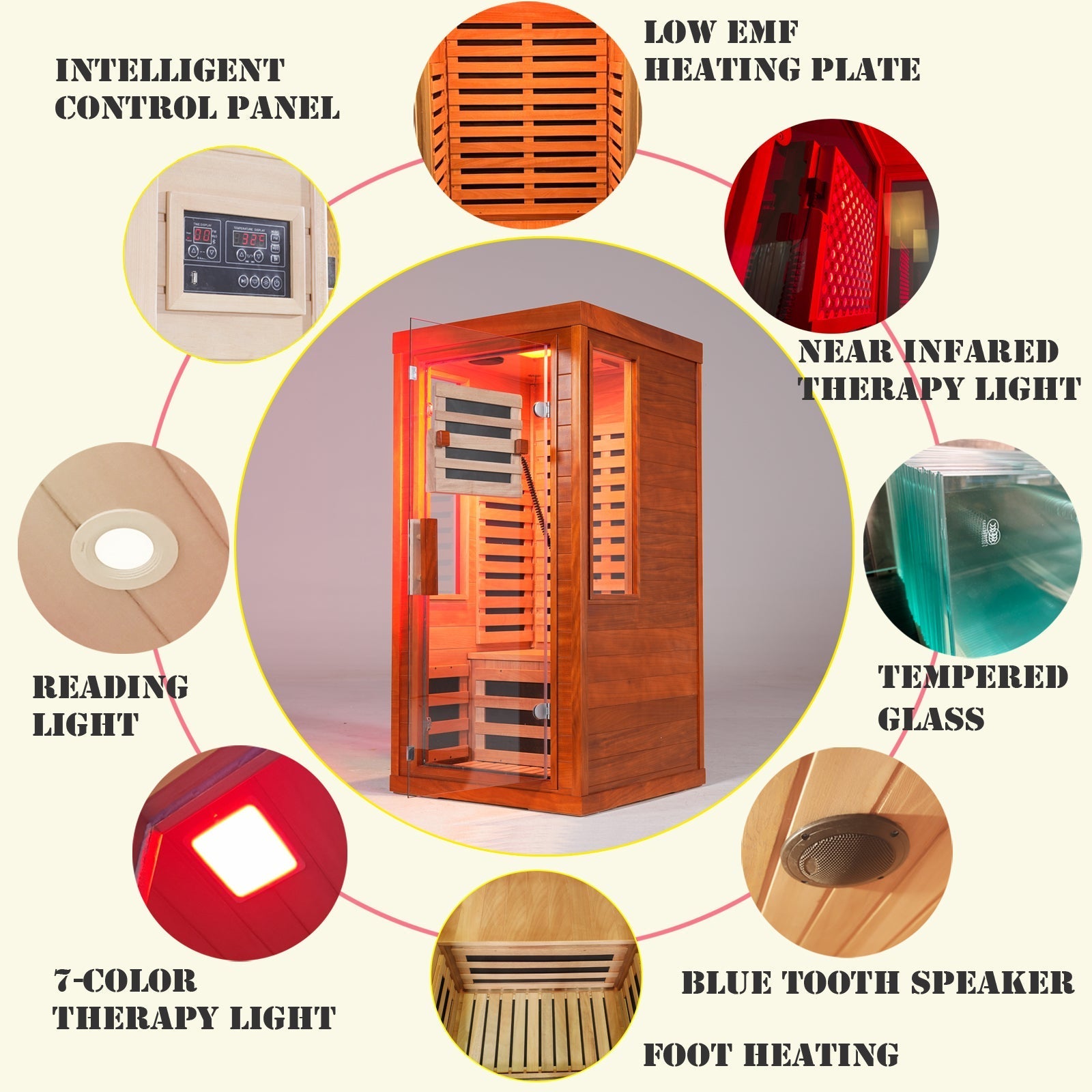 Far infrared sauna front door with red light therapy Low EMFwooden sauna room