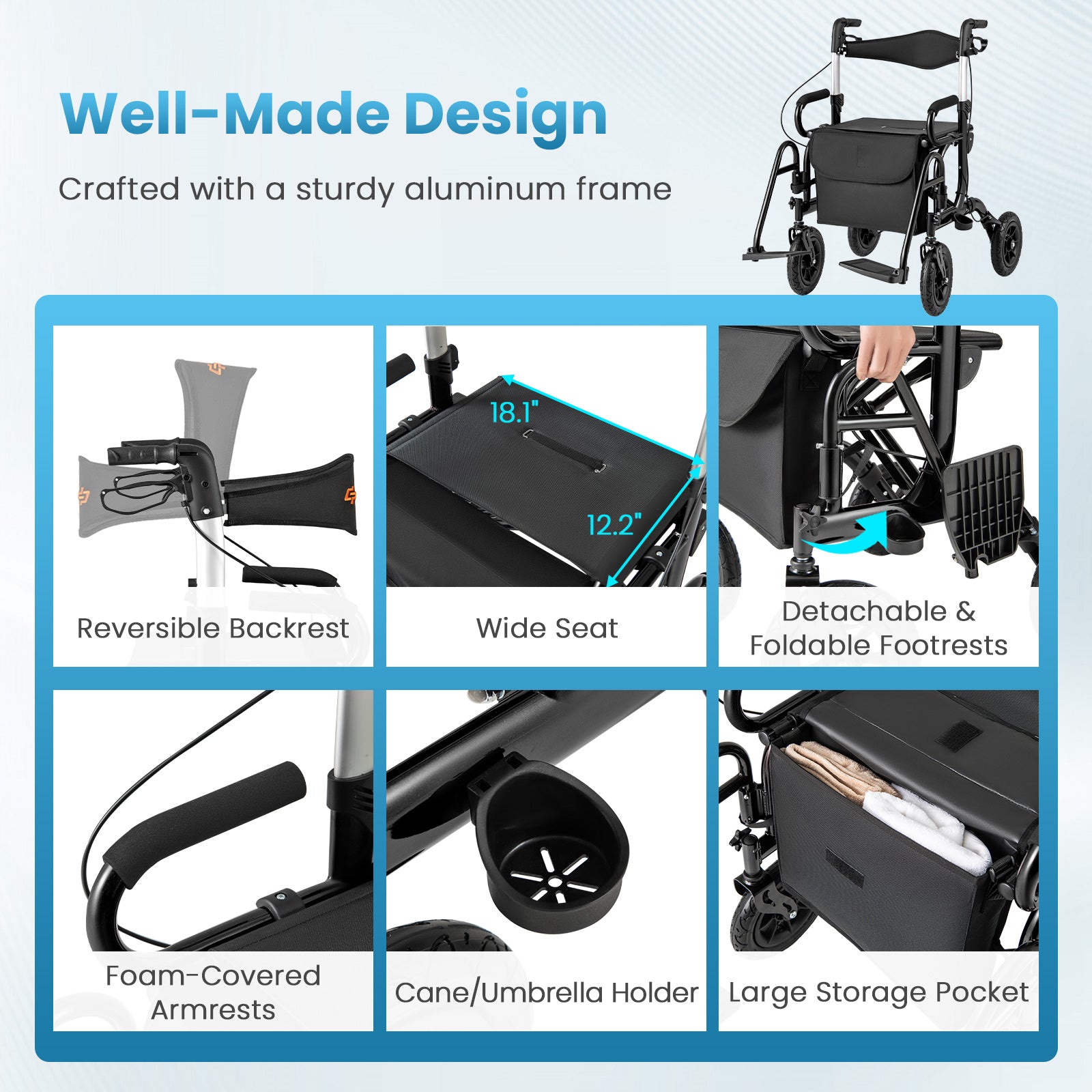 2-in-1 Foldable Rollator Walker with Seat abd 9 Inch Pneumatic Tires for Seniors-Black