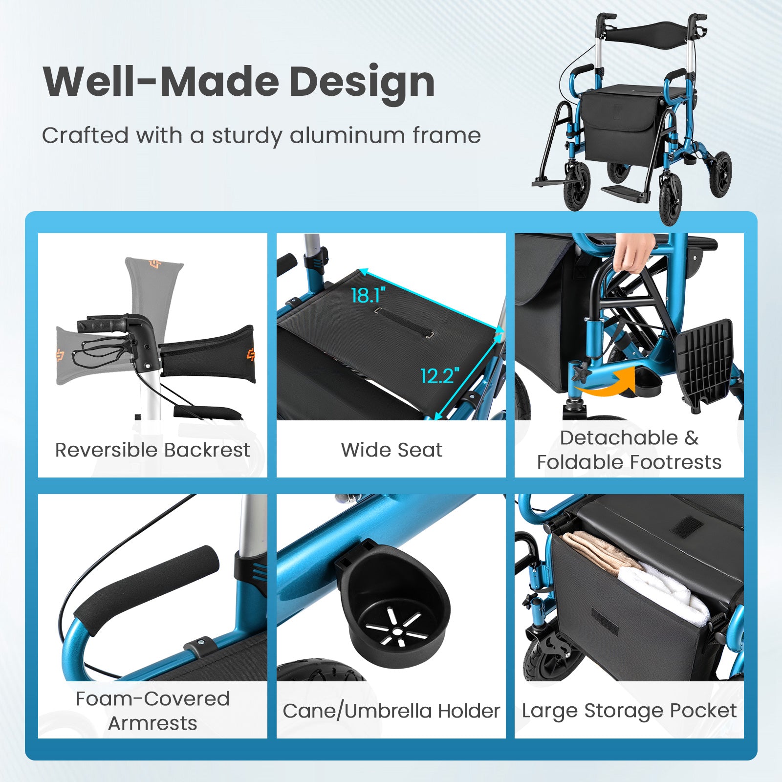 2-in-1 Foldable Rollator Walker with Seat abd 9 Inch Pneumatic Tires for Seniors-Navy