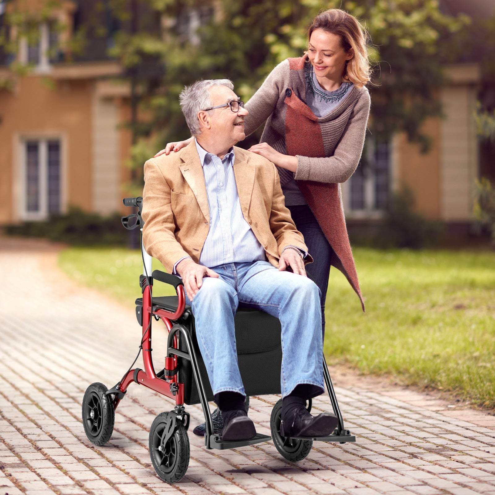 2-in-1 Foldable Rollator Walker with Seat abd 9 Inch Pneumatic Tires for Seniors-Red