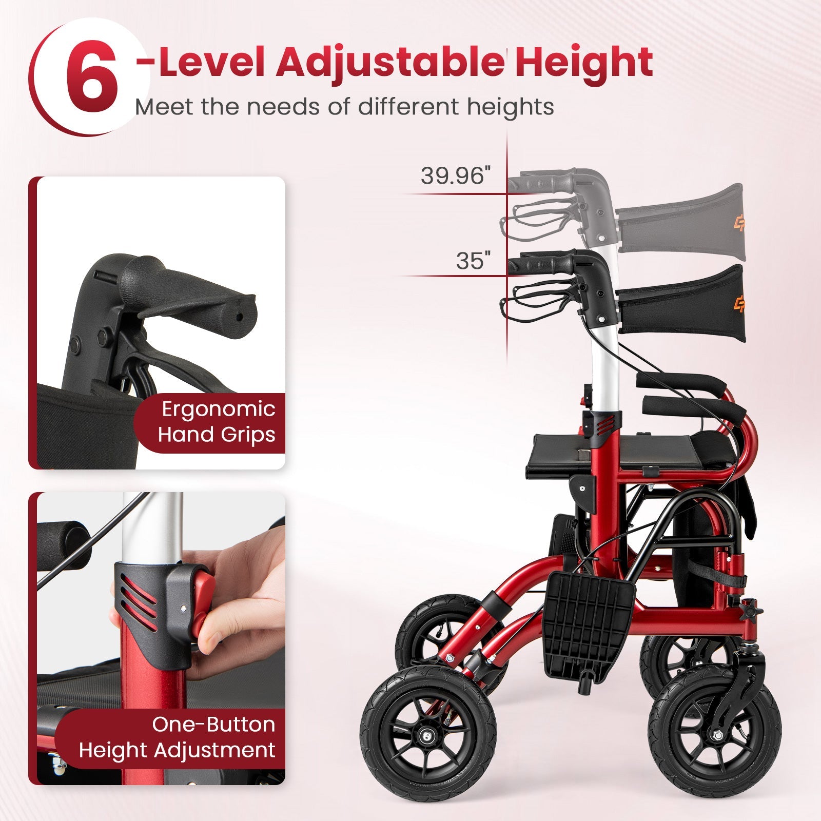 2-in-1 Foldable Rollator Walker with Seat abd 9 Inch Pneumatic Tires for Seniors-Red