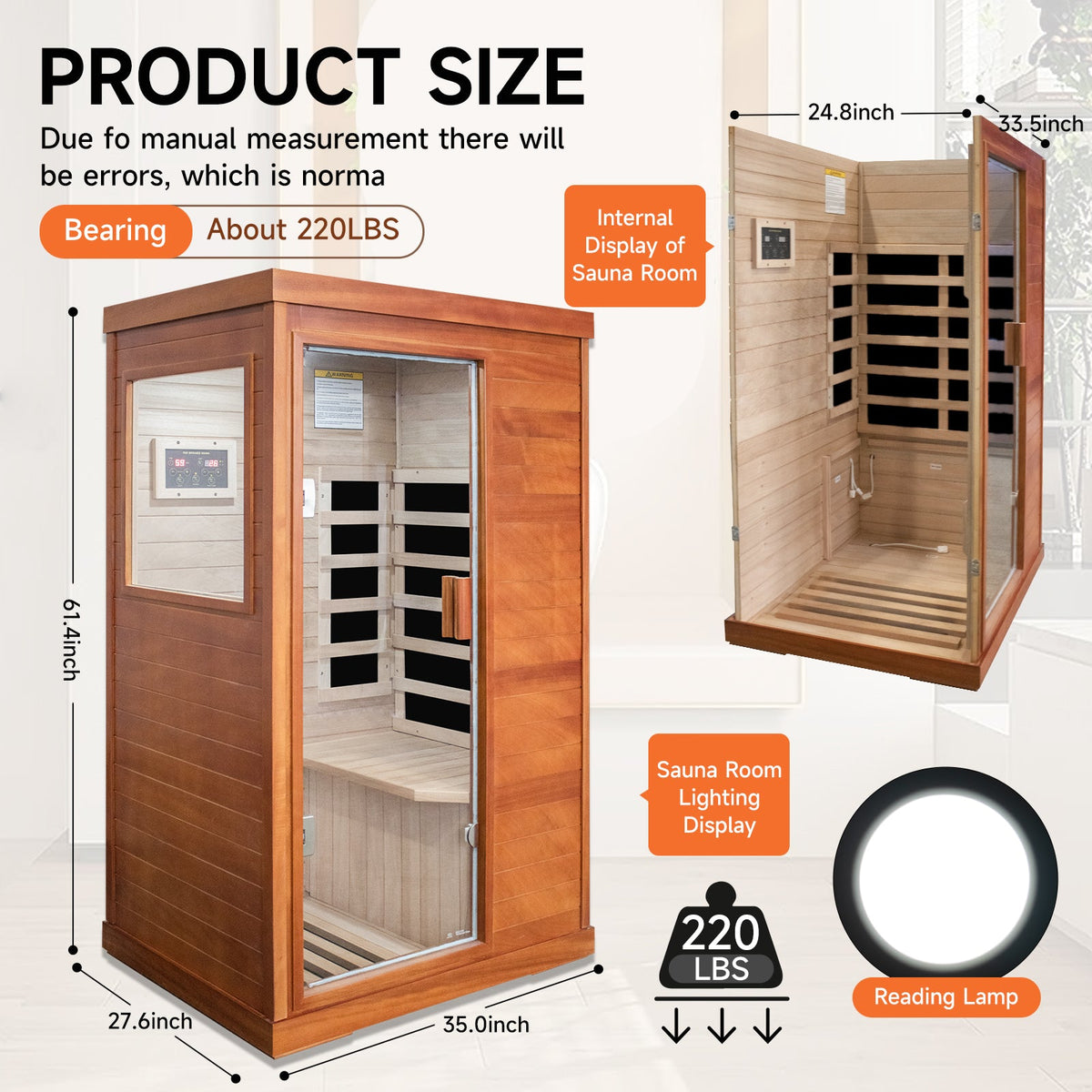 Solid Wood - 1 Person Infrared Sauna with Broad-Spectrum Heating Plates - Natural