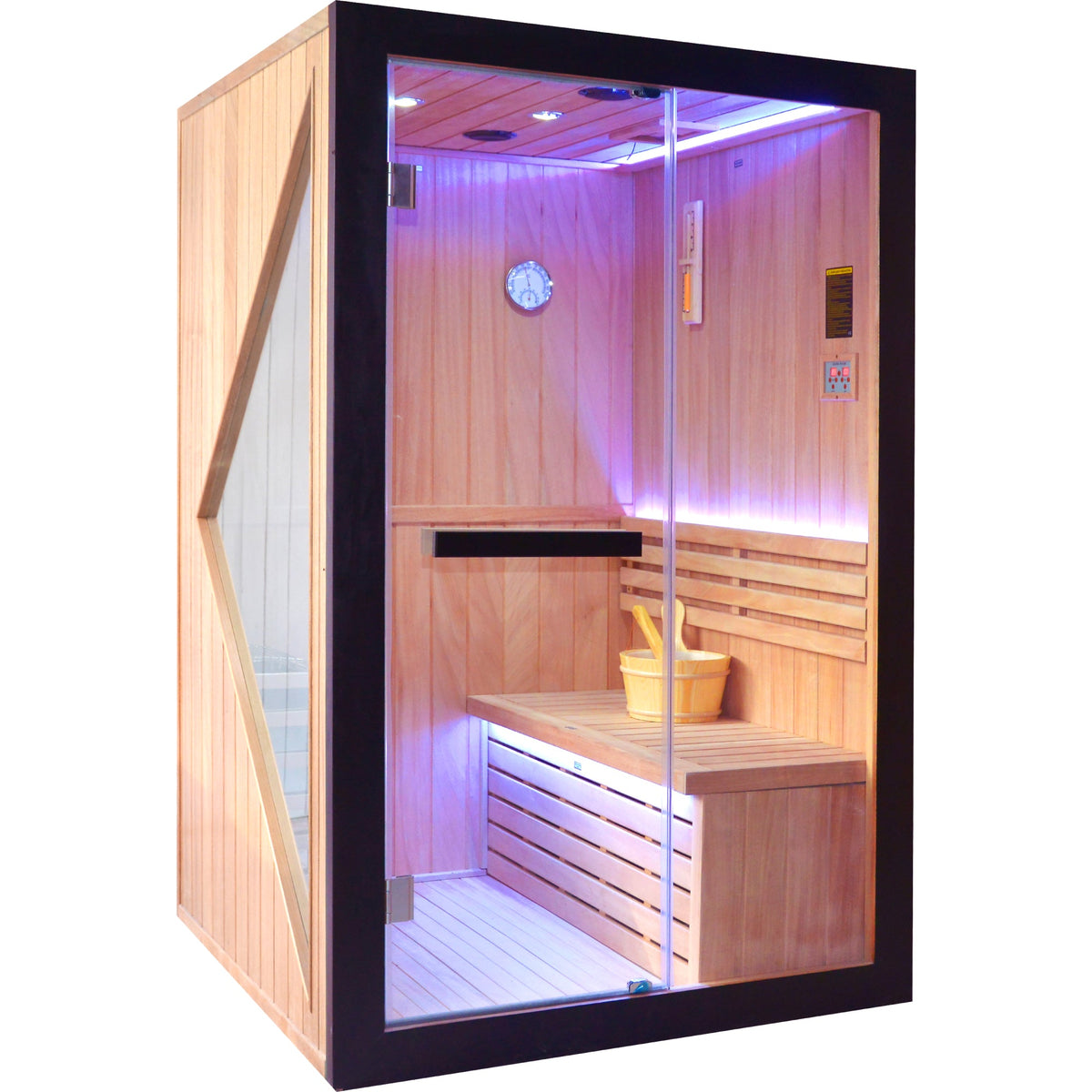African Pine Indoor Sauna with Double Stove and LED Lighting - Natural Pine