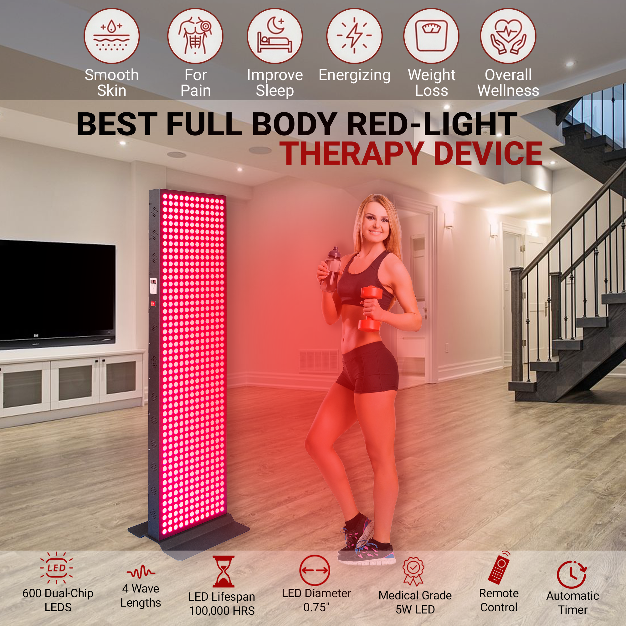 EXESAS 600 LED, 3000W Dual-Chip, Red Light Therapy Device for Full Body, 4-Wavelengths Infrared LED Panel for Skin, Weight, Pain, Wellness