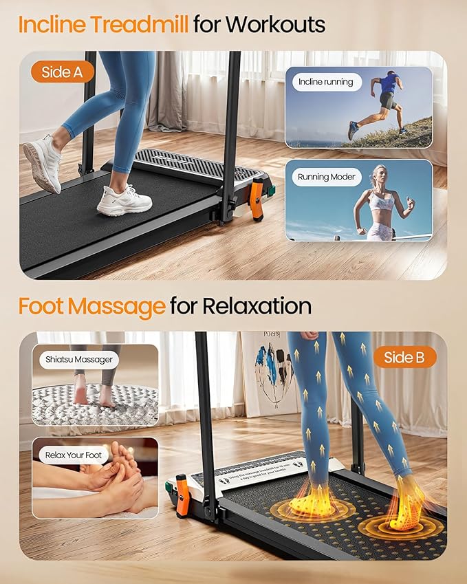 FUNRAY Versatile Walking Pad Treadmill with Incline - Dual-Sided Under Desk Treadmill with Foot Massage,2 in 1 Walking Machine for Home/Office with 330LBS Weight Capacity