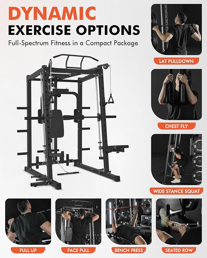 Mikolo All-in-One Smith Machine Home Gym with 230lbs Weight Plates, Power Cage with Cable Crossover, LAT Pulldown, Squat Rack & Adjustable Weight Bench