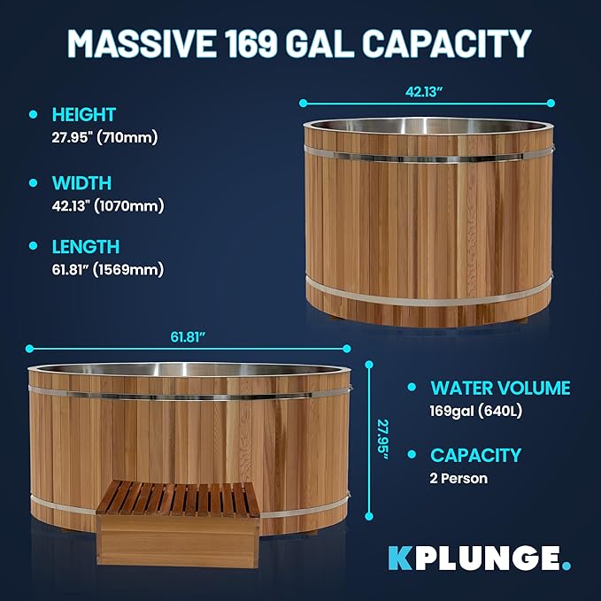 Premium 62-in. Oval Cedar Wood Cold Plunge and Hot Tub with Stainless Steel Interior, Wooden Step, Foldable Thick Cover, Headrest, and Barrel Hoop for Indoor and Outdoor Recovery Use β Tub Only