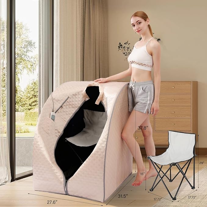 Smartmak Far Infrared Sauna, Full Body One Person Portable SPA Set with Time & Tempreture Remote Control, Heating Foot Pad and Foldable Reinforced Chair (L 27.6ββ x W 31.5ββ x H 37.8ββ)- Pearl Pink