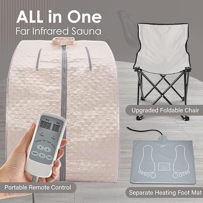 Smartmak Far Infrared Sauna, Full Body One Person Portable SPA Set with Time & Tempreture Remote Control, Heating Foot Pad and Foldable Reinforced Chair (L 27.6ββ x W 31.5ββ x H 37.8ββ)- Pearl Pink