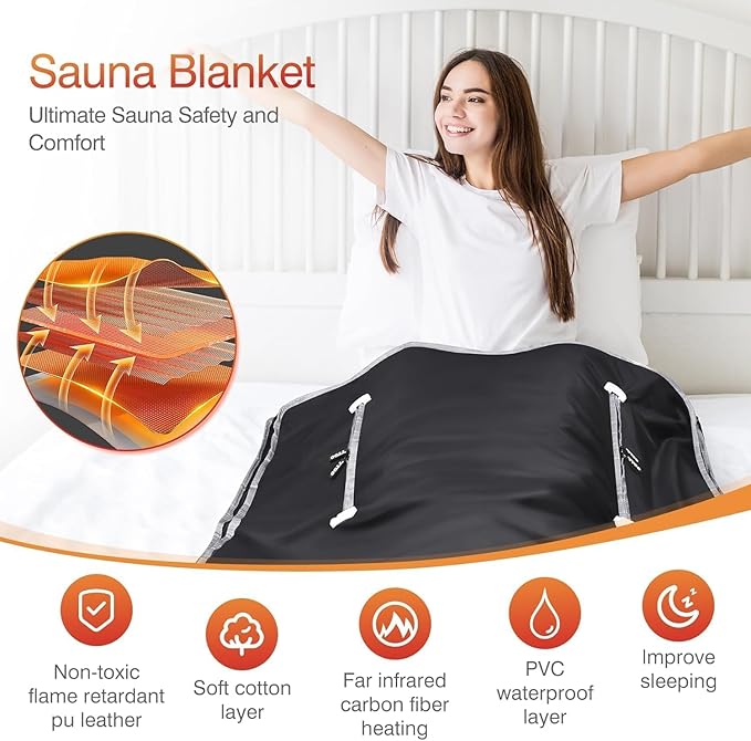Infrared Sauna Blanket-Sauna Blanket for Home Use, Portable Design for Relaxation and Detoxification Highest 176℉, 20-60 Minutes Timer (Deep Black)