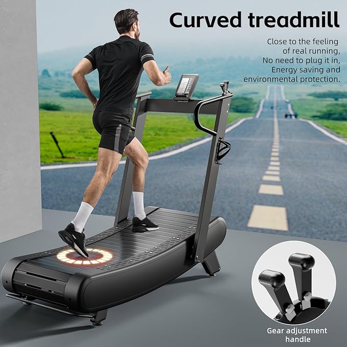 Exercise Treadmills,Manual Curved Treadmill ,Foldable, Non-Electric, Walking/Running Machine with LCD for Home & Office ,Black