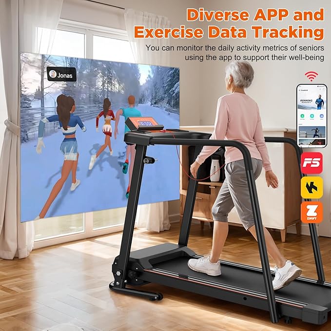 Foldable Walking Treadmill for Seniors with Long Handrails, APP Control & 3D Virtual Scenes β 3.0HP Quiet Motor, 300 lb Capacity, Shock Absorption β Ideal for Home, Office & Small Spaces