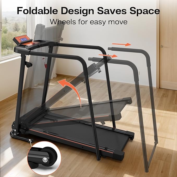 Foldable Walking Treadmill for Seniors with Long Handrails, APP Control & 3D Virtual Scenes β 3.0HP Quiet Motor, 300 lb Capacity, Shock Absorption β Ideal for Home, Office & Small Spaces