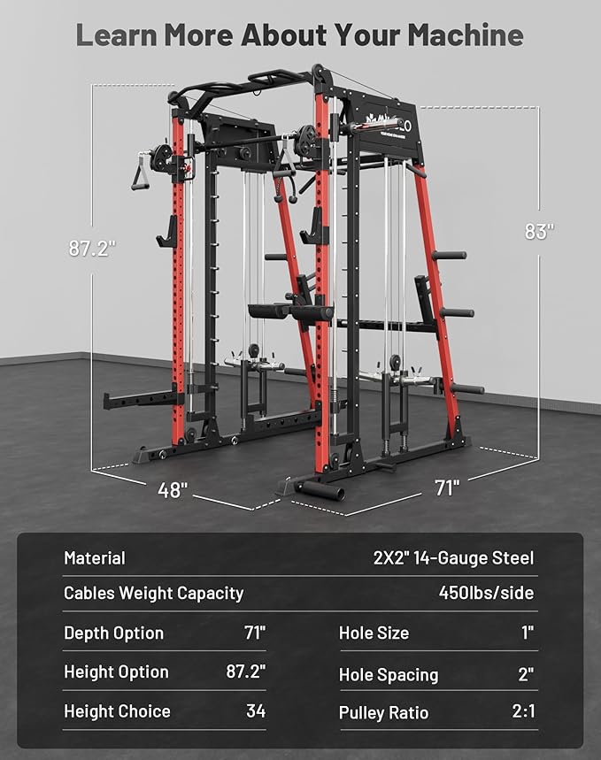 Mikolo Smith Machine, 2200lbs Squat Rack with LAT-Pull Down System & Cable Crossover Machine, Training Equipment with Leg Hold-Down Attachment