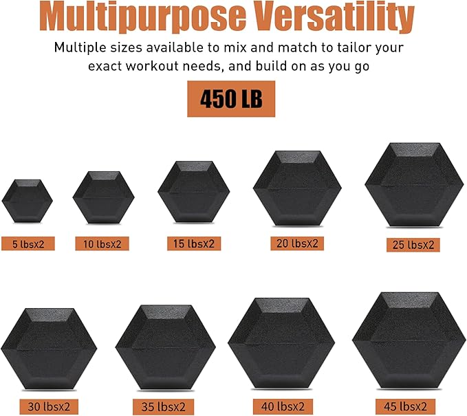 Ritafer 6-10 Pair Hex Rubber Dumbbell Set 350/450 and 550 lbsï¼?-50 lbs )Hand Free Weight for Strength Coated Encased Iron Weights with Dumbbells Storage Rack Home Gym