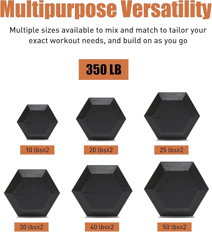 Ritafer 6-10 Pair Hex Rubber Dumbbell Set 350/450 and 550 lbsï¼?-50 lbs )Hand Free Weight for Strength Coated Encased Iron Weights with Dumbbells Storage Rack Home Gym