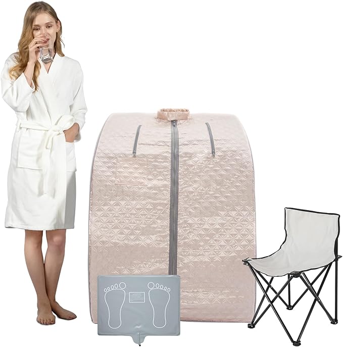 Smartmak Far Infrared Sauna, Full Body One Person Portable SPA Set with Time & Tempreture Remote Control, Heating Foot Pad and Foldable Reinforced Chair (L 27.6ββ x W 31.5ββ x H 37.8ββ)- Pearl Pink