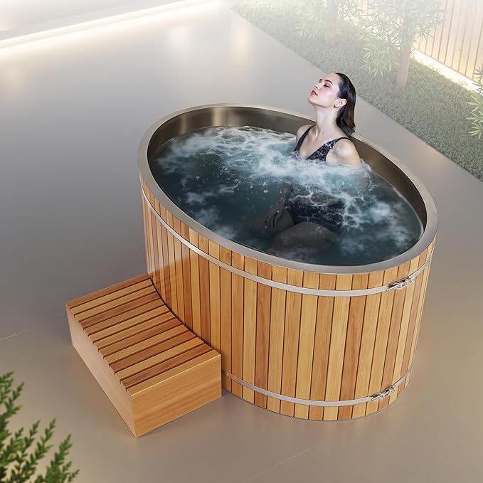 Premium 62-in. Oval Cedar Wood Cold Plunge and Hot Tub with Stainless Steel Interior, Wooden Step, Foldable Thick Cover, Headrest, and Barrel Hoop for Indoor and Outdoor Recovery Use β Tub Only