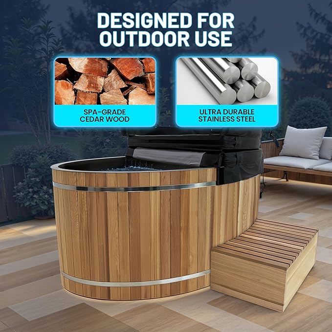 Premium 62-in. Oval Cedar Wood Cold Plunge and Hot Tub with Stainless Steel Interior, Wooden Step, Foldable Thick Cover, Headrest, and Barrel Hoop for Indoor and Outdoor Recovery Use β Tub Only