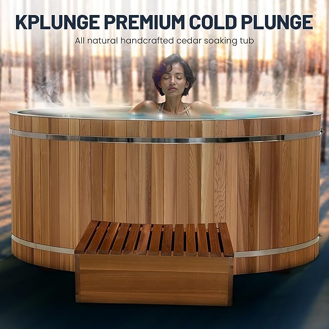 Premium 62-in. Oval Cedar Wood Cold Plunge and Hot Tub with Stainless Steel Interior, Wooden Step, Foldable Thick Cover, Headrest, and Barrel Hoop for Indoor and Outdoor Recovery Use β Tub Only
