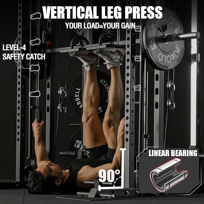 Mikolo Smith Machine, Multi-Function Power Cage with Dual Pulley System, Vertical Leg Press Attachment, Squat Rack Power Rack with More Training Attachment for Home Gym