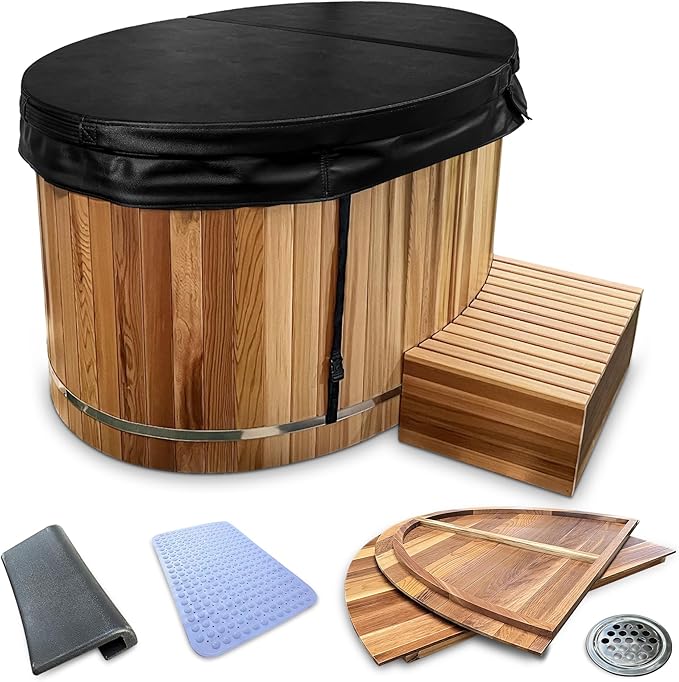 Premium 62-in. Oval Cedar Wood Cold Plunge and Hot Tub with Stainless Steel Interior, Wooden Step, Foldable Thick Cover, Headrest, and Barrel Hoop for Indoor and Outdoor Recovery Use β Tub Only