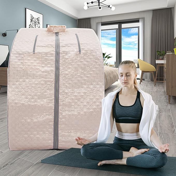 Smartmak Far Infrared Sauna, Full Body One Person Portable SPA Set with Time & Tempreture Remote Control, Heating Foot Pad and Foldable Reinforced Chair (L 27.6ββ x W 31.5ββ x H 37.8ββ)- Pearl Pink