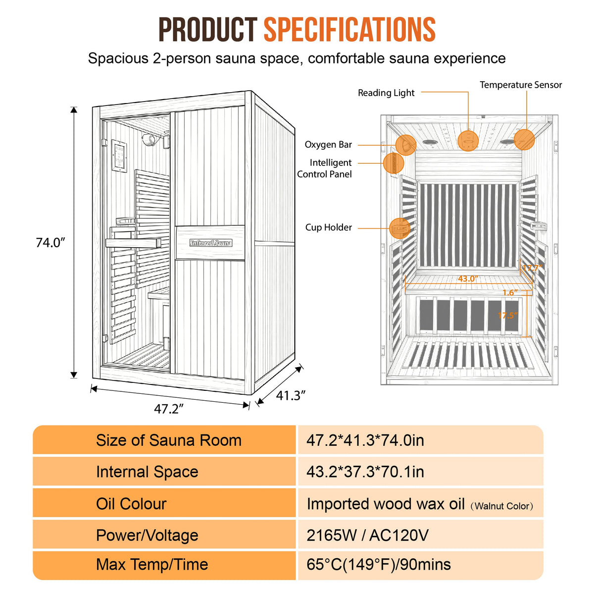 2-Person Chilean Pine Indoor Infrared Sauna – 2165W