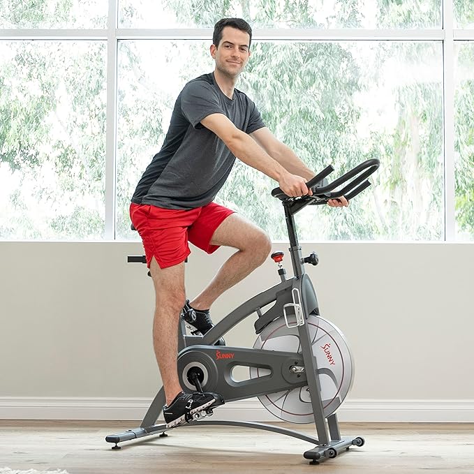 Sunny Health & Fitness Indoor Cycling Exercise Bike w/Pulse Sensors & 4-Way Adjustable Seat, Stationary Home Cardio Training Machine w/Micro-Adjustable Magnetic Resistance for Intensive Cardio Session