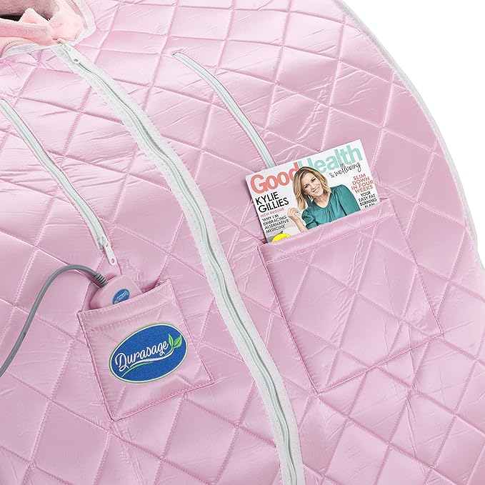 Durasage Personal Ultra Low EMF Portable Infrared Sauna Spa for Home – 30-Min Timer, Handheld Remote, Heated Footpad, and Chair (Light Pink)