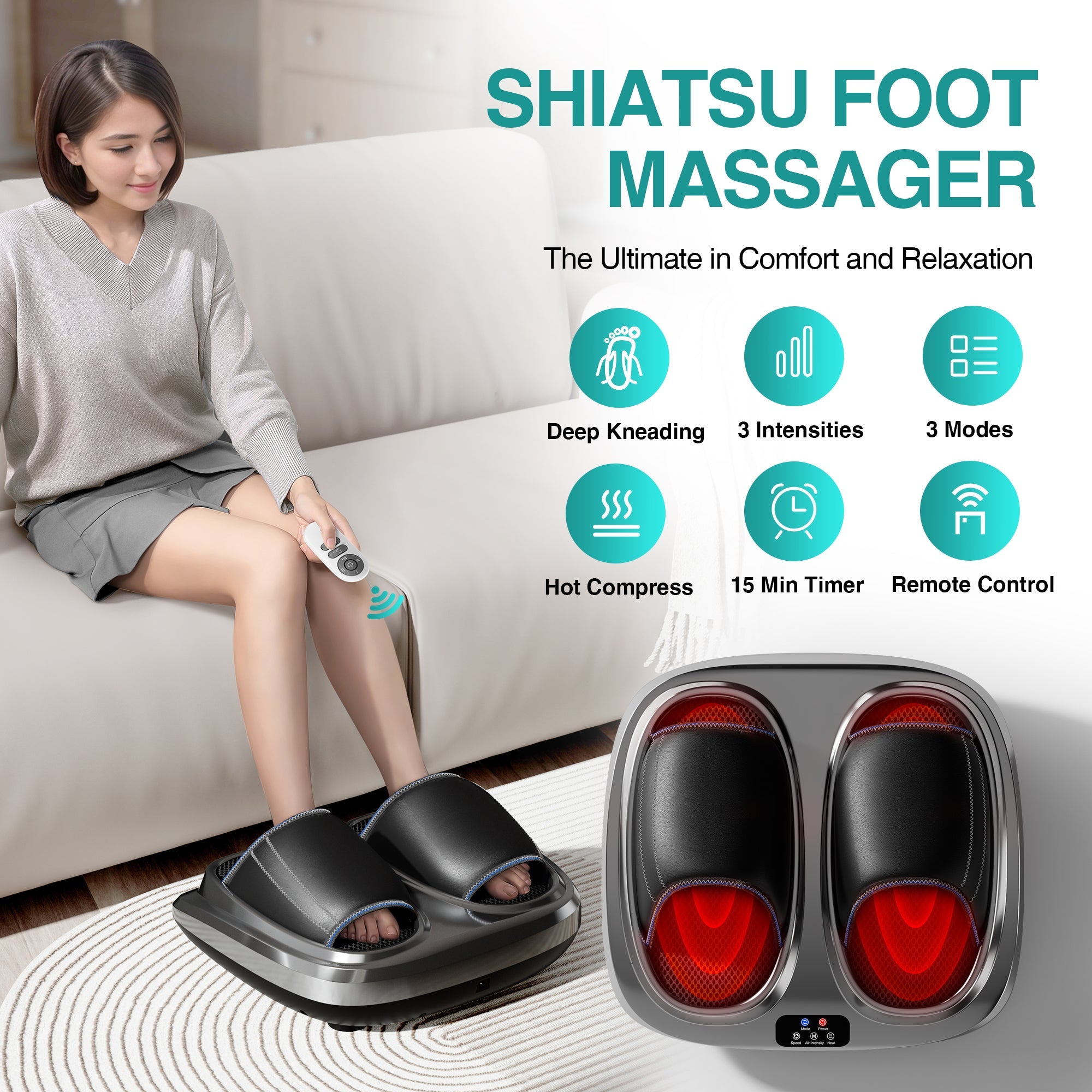 Shiatsu foot massager, heating and deep massage therapy, air compression, vibration pain relief, and circulation