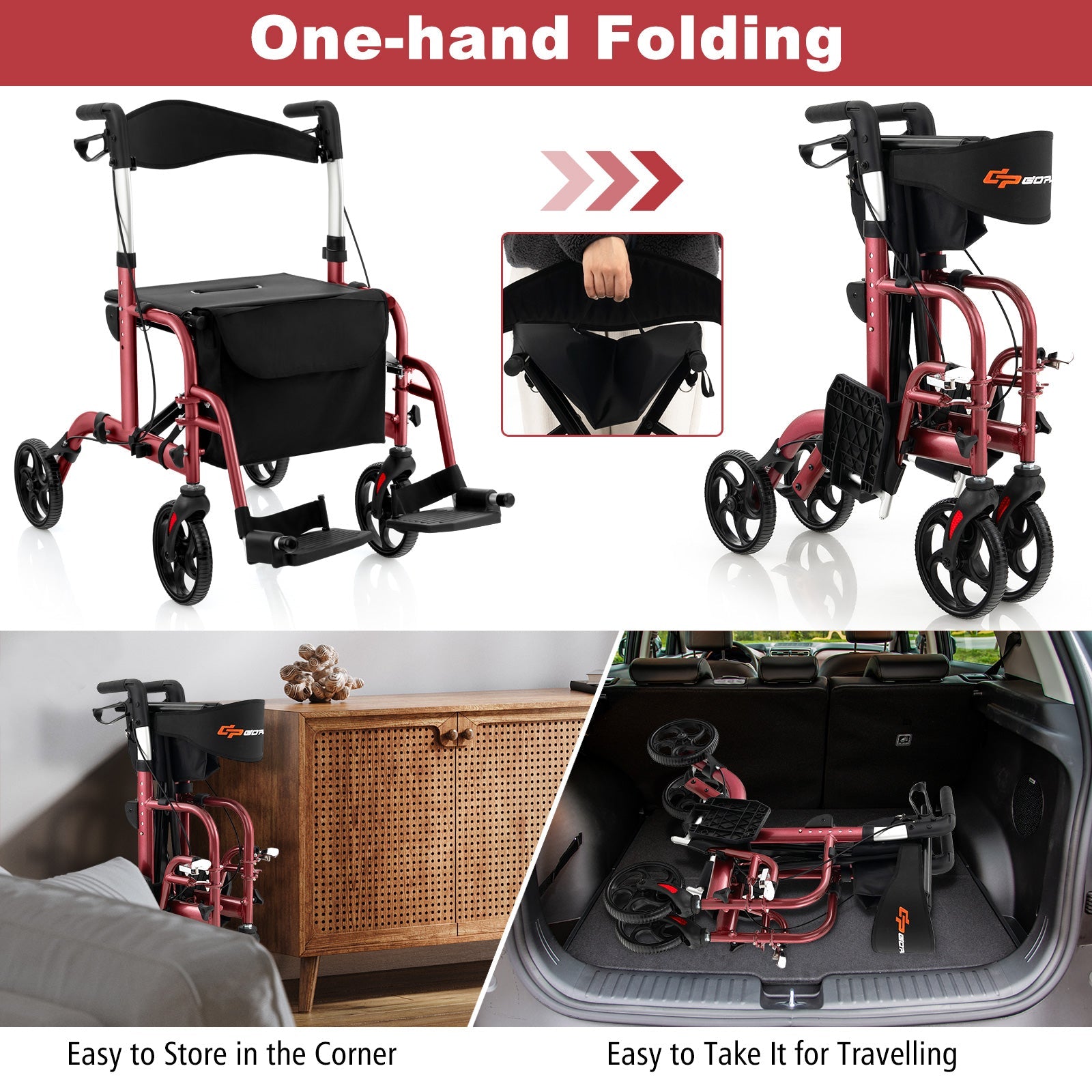 2-in-1 Adjustable Folding Handle Rollator Walker with Storage Space-Red