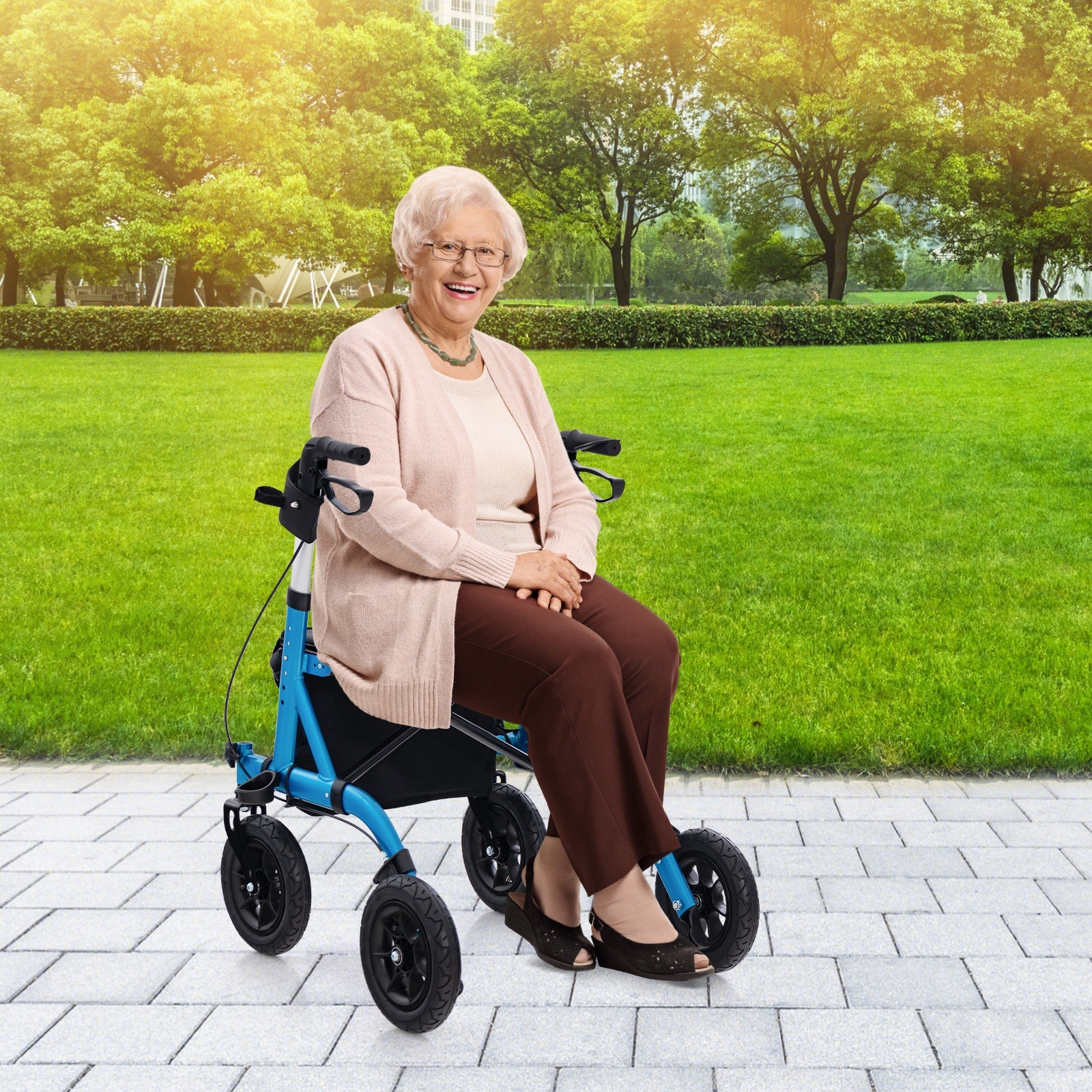 Height Adjustable Rollator Walker Foldable Rolling Walker with Seat for Seniors-Blue
