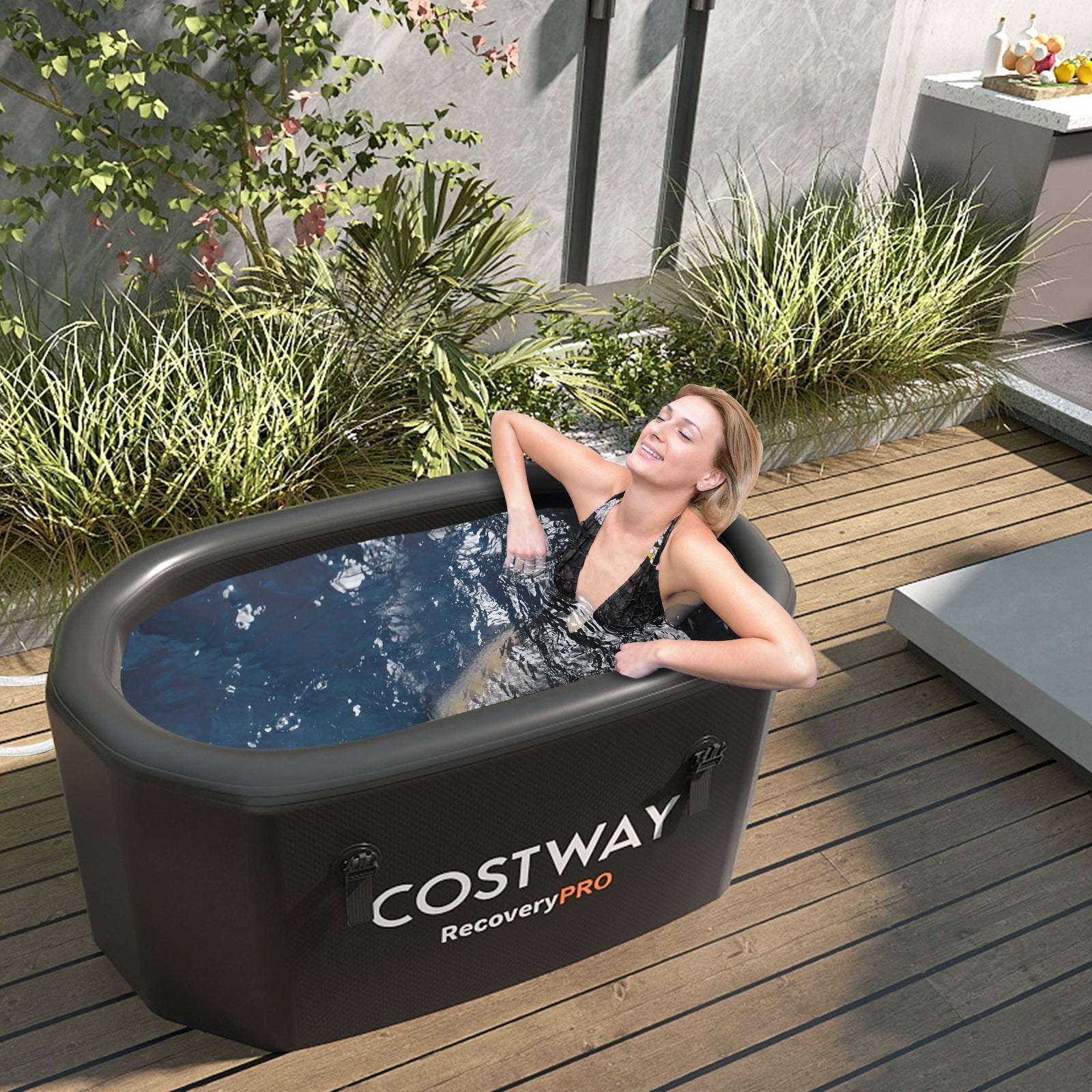 XL 129 Gal Oval Ice Bath Tub with Cover and Hand Pump for Athletes-Black