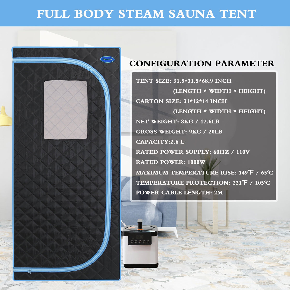 Full Size Portable Steam Sauna Tent with Stainless Steel Frame - Black