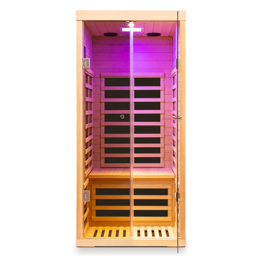 Large Glass Hemlock Sauna with Infrared Heating – One Person