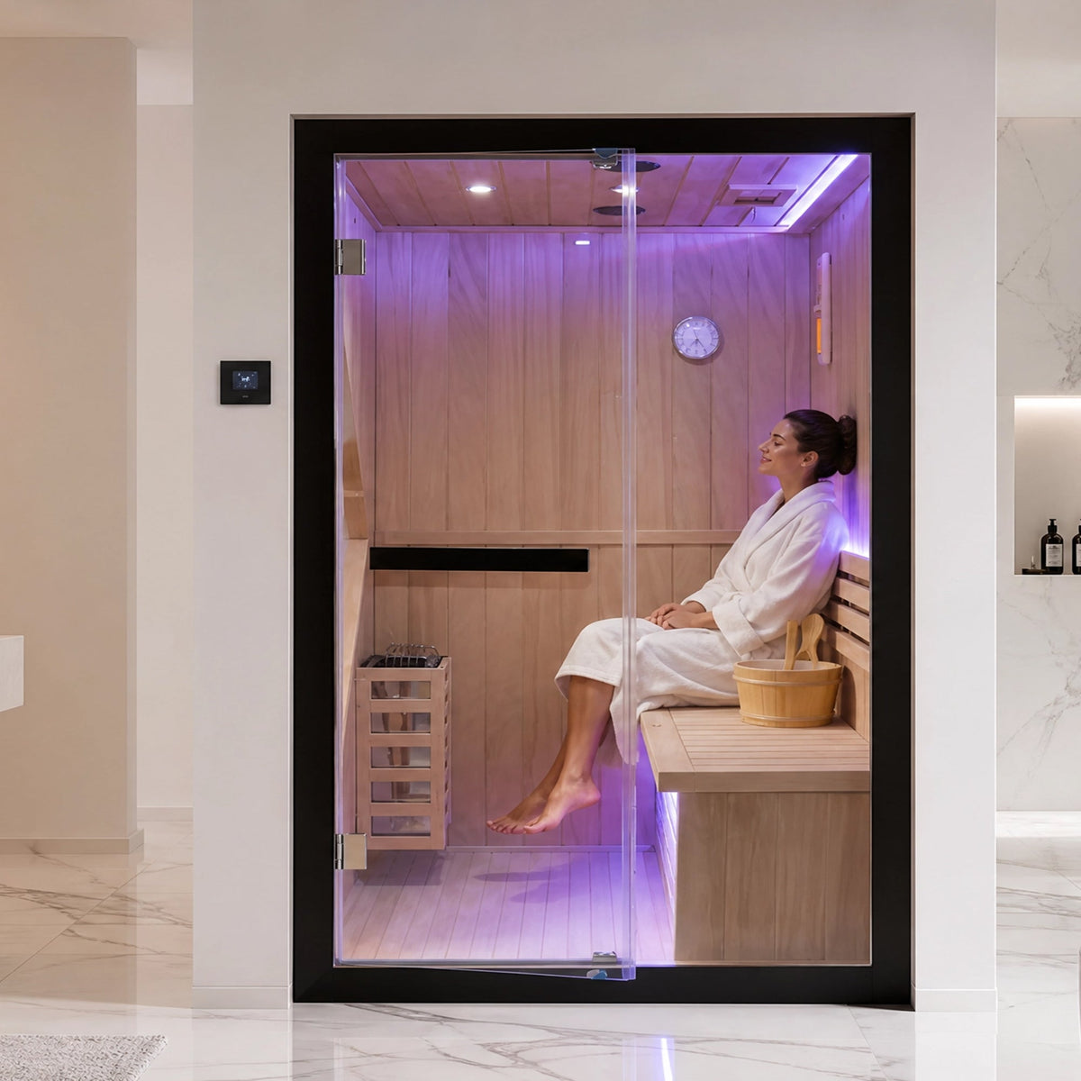 African Pine Indoor Sauna with Double Stove and LED Lighting - Natural Pine