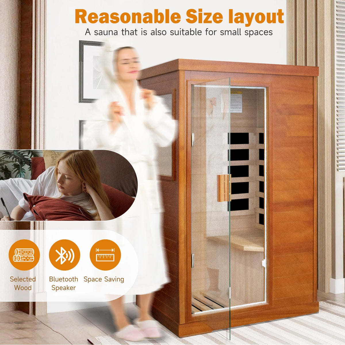 Solid Wood - 1 Person Infrared Sauna with Broad-Spectrum Heating Plates - Natural