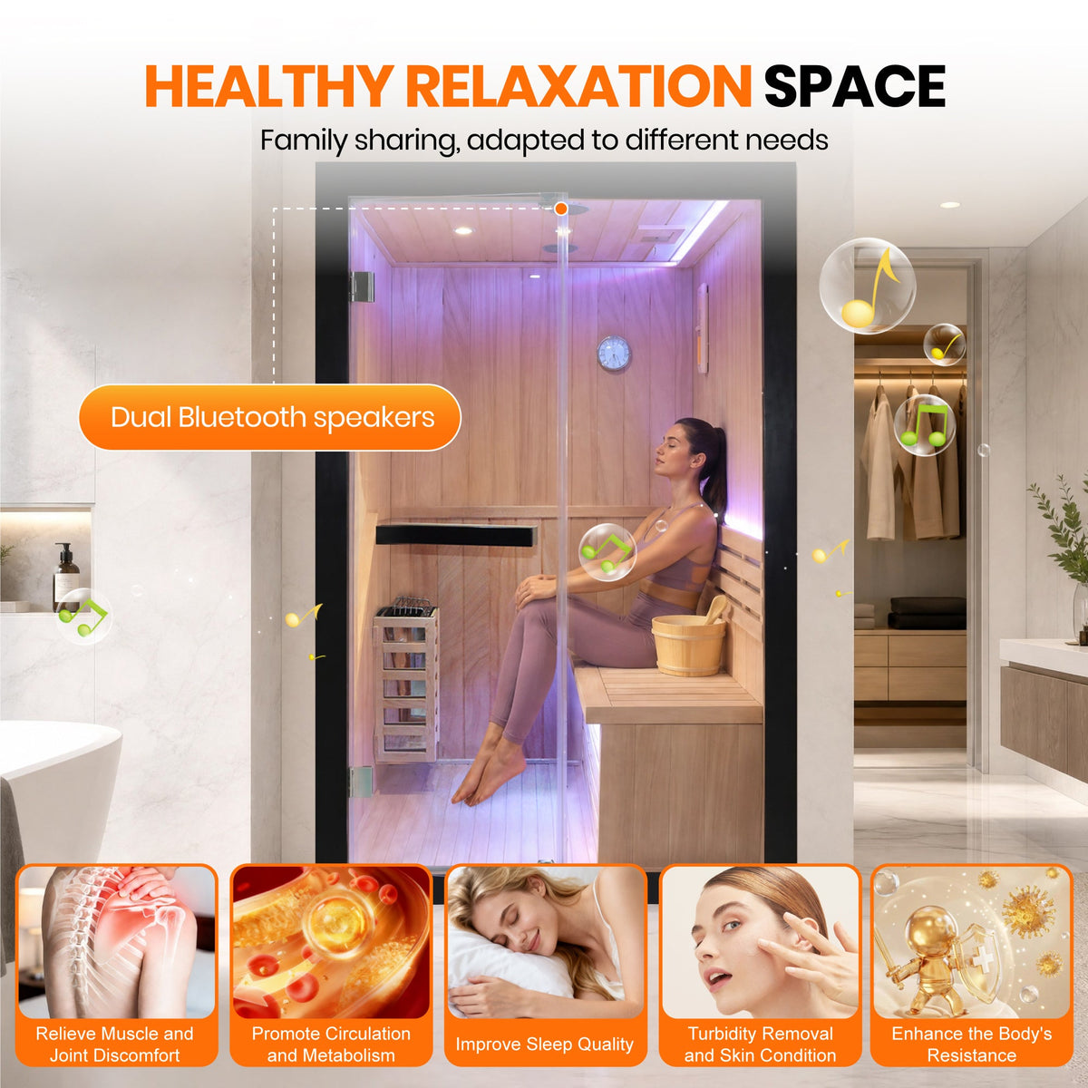 African Pine Indoor Sauna with Double Stove and LED Lighting - Natural Pine