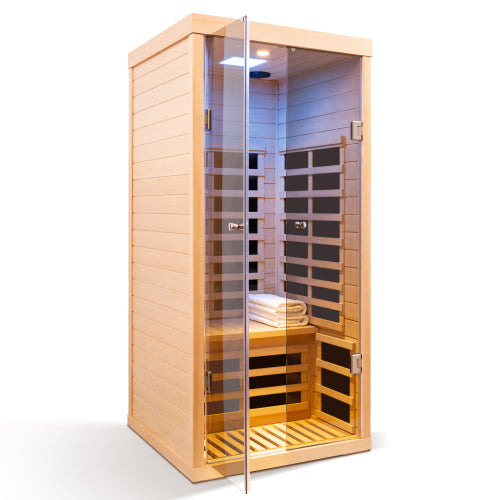 Large Glass Hemlock Sauna with Infrared Heating – One Person