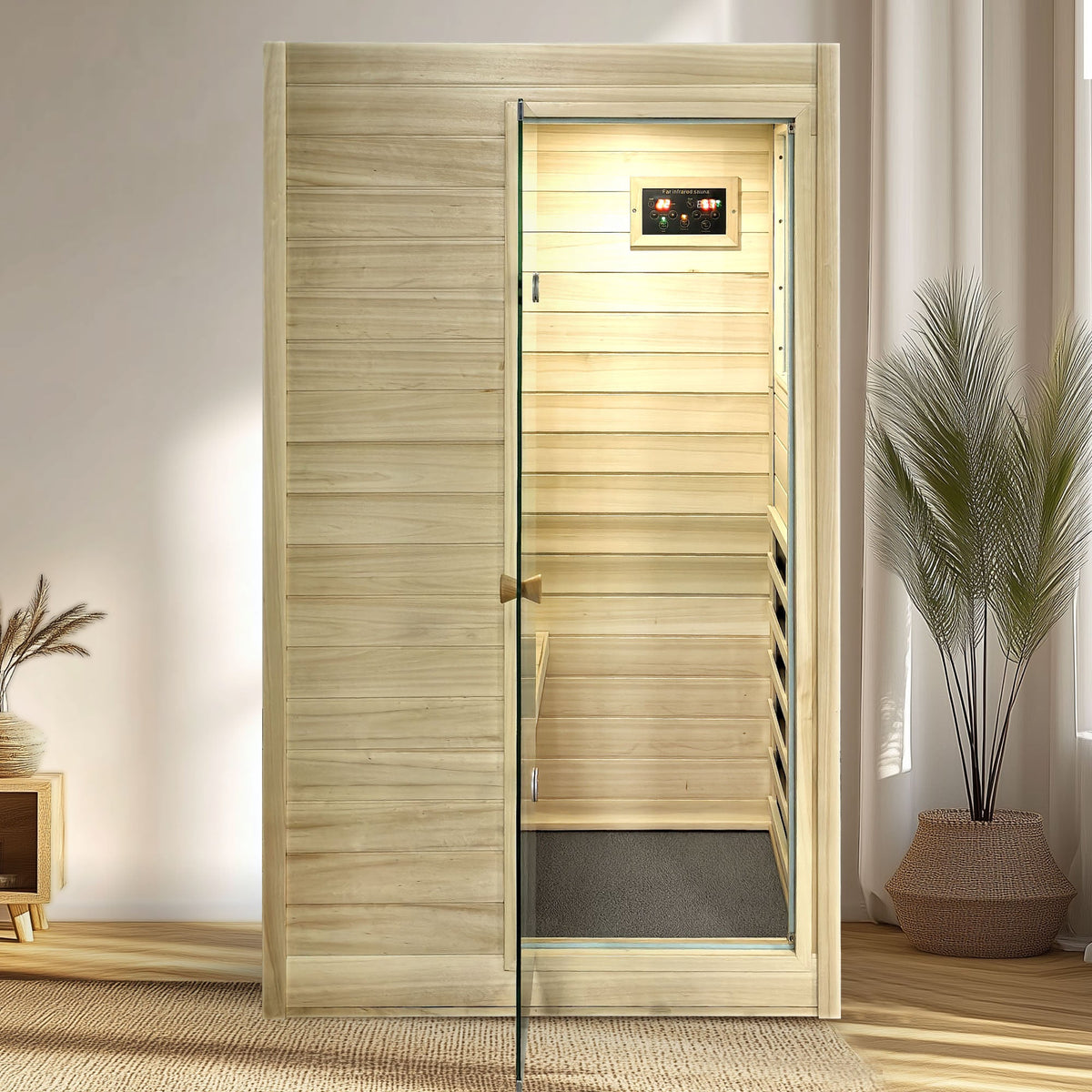 Far Infrared 1 Person Sauna with 5 Heating Panels - Wood and Glass