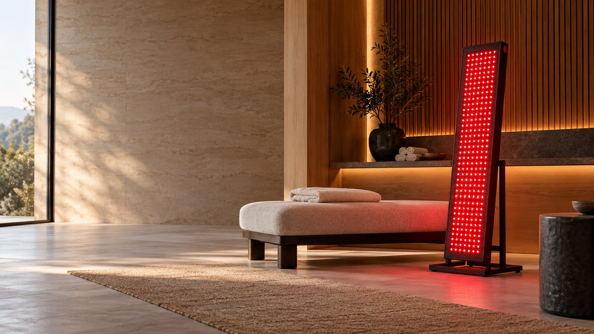 Red light therapy panel in a luxury home wellness room