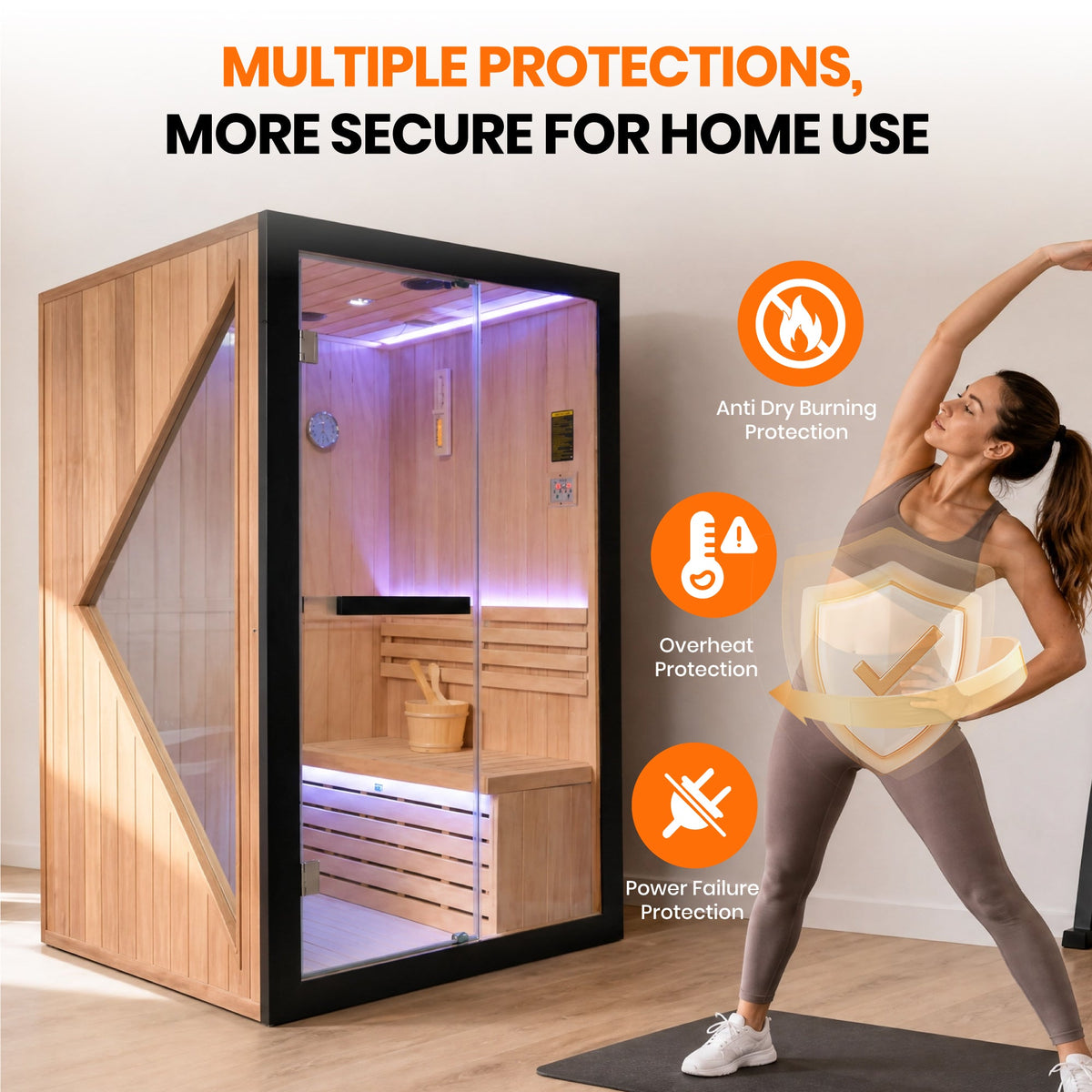 African Pine Indoor Sauna with Double Stove and LED Lighting - Natural Pine
