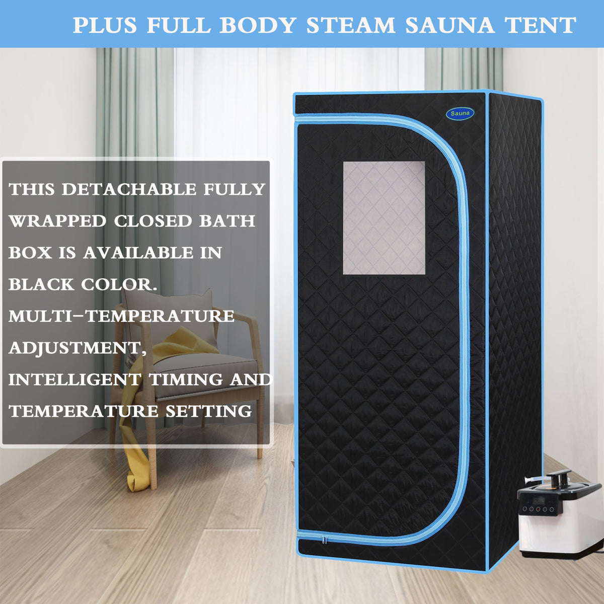 Full Size Portable Steam Sauna Tent with Stainless Steel Frame - Black