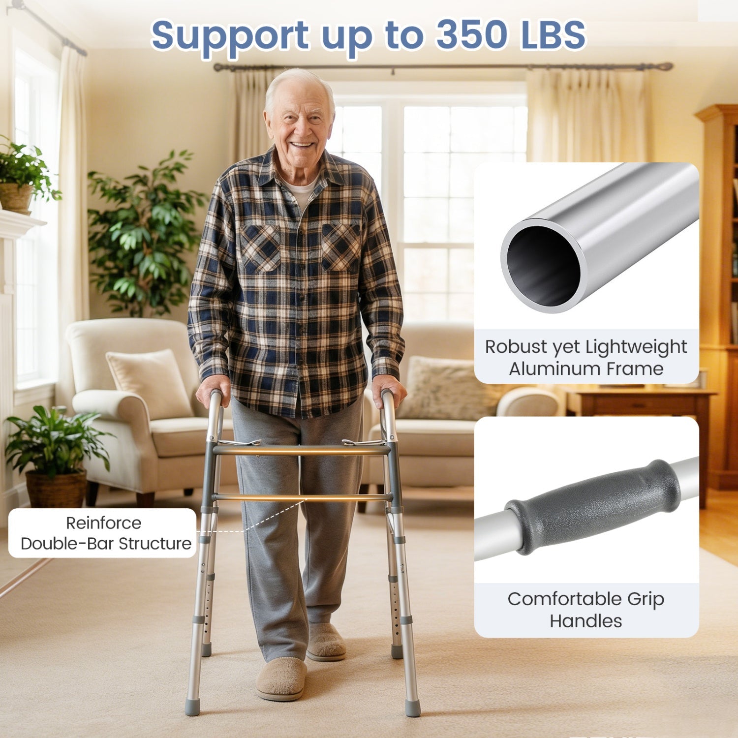 2-Button Folding Walker Lightweight with 7-Level Adjustable Height