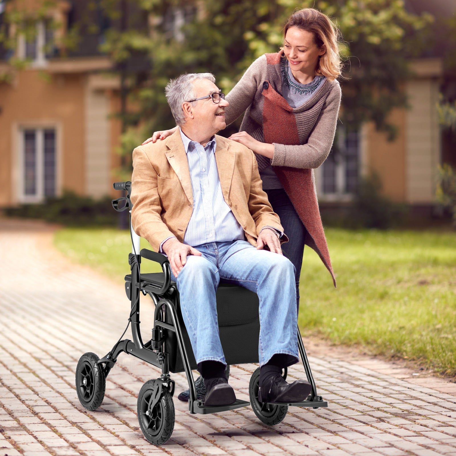 2-in-1 Foldable Rollator Walker with Seat abd 9 Inch Pneumatic Tires for Seniors-Black