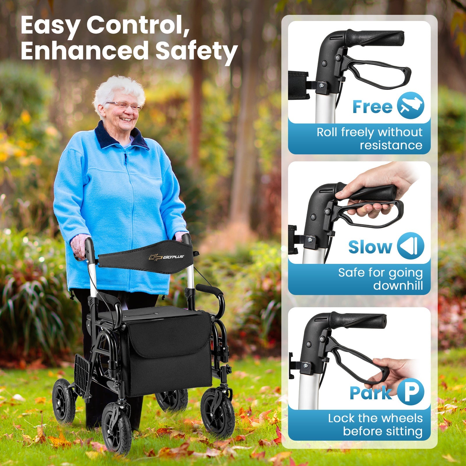 2-in-1 Foldable Rollator Walker with Seat abd 9 Inch Pneumatic Tires for Seniors-Black