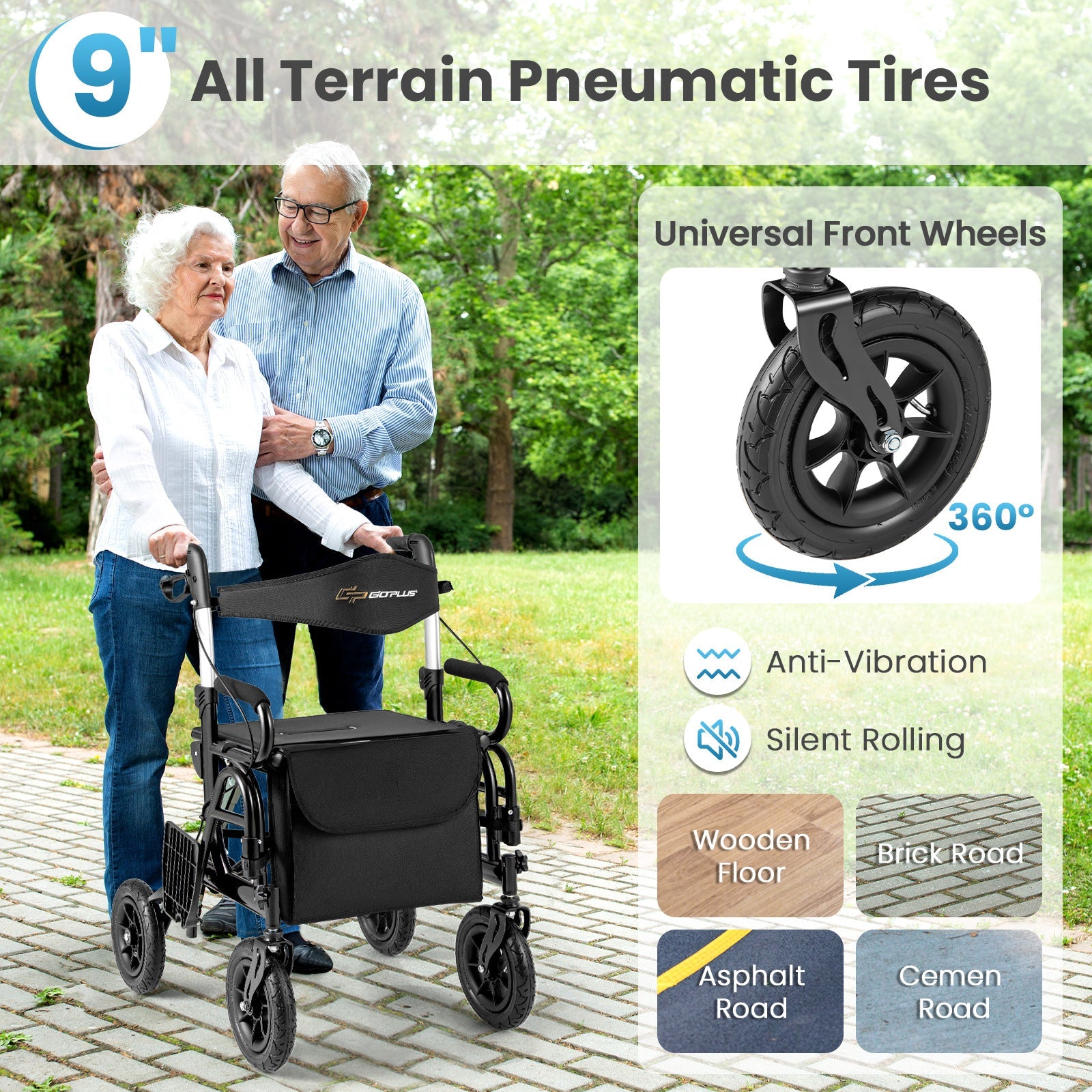 2-in-1 Foldable Rollator Walker with Seat abd 9 Inch Pneumatic Tires for Seniors-Black