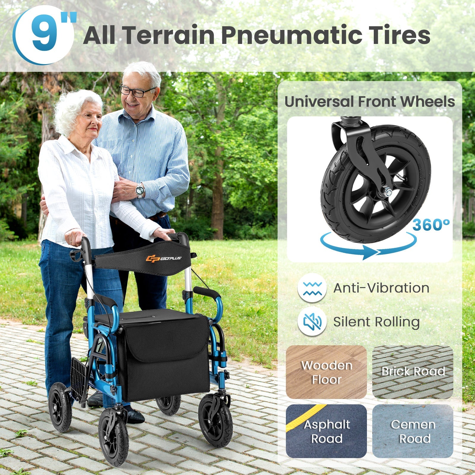 2-in-1 Foldable Rollator Walker with Seat abd 9 Inch Pneumatic Tires for Seniors-Navy