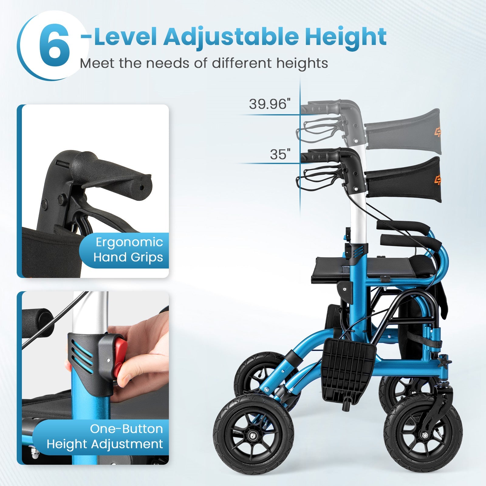 2-in-1 Foldable Rollator Walker with Seat abd 9 Inch Pneumatic Tires for Seniors-Navy